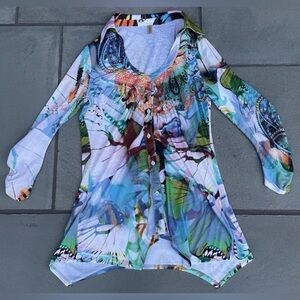 ZANNZA white blue 3/4 sleeve button shirt top blouse medium M